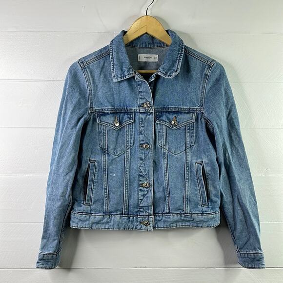 MANGO DENIM Light Wash Denim Long Sleeve Button Up Jean Jacket Size Small - Picture 1 of 11